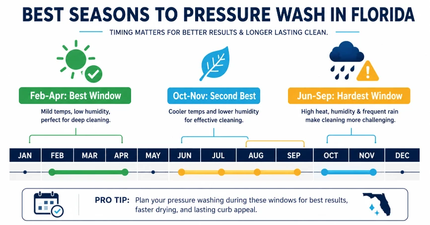 Infographic showing the best seasons to pressure wash in Florida