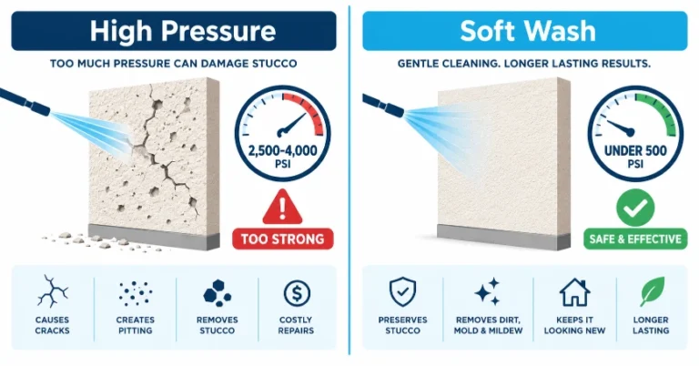 Infographic showing safe pressure washing techniques for stucco exteriors