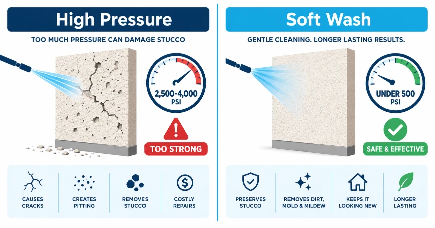 Infographic showing safe pressure washing techniques for stucco exteriors
