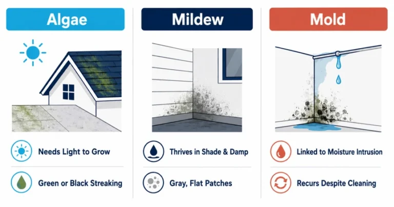 Infographic comparing mold, algae, and mildew growth on home exteriors