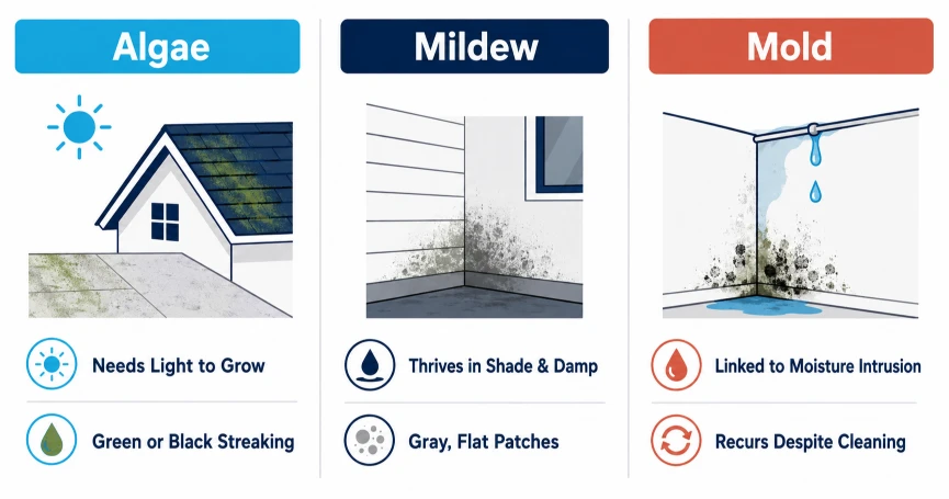 Infographic comparing mold, algae, and mildew growth on home exteriors