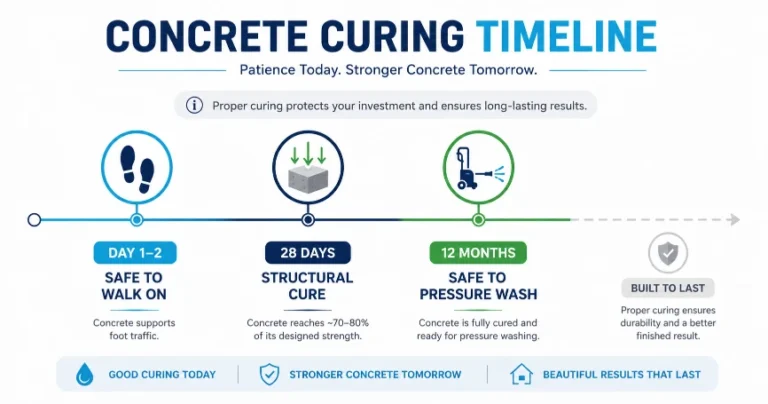Infographic showing the concrete curing timeline before pressure washing