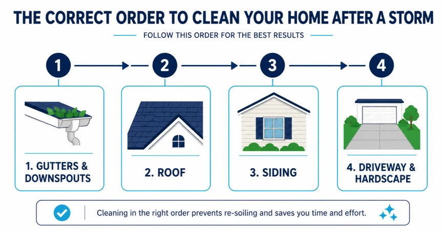 Infographic showing the correct order to clean a home's exterior after a storm