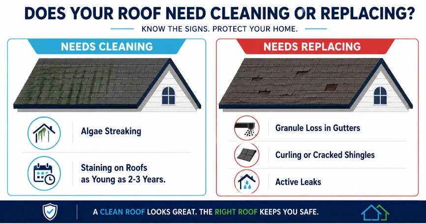 Infographic comparing signs a roof needs cleaning versus replacing