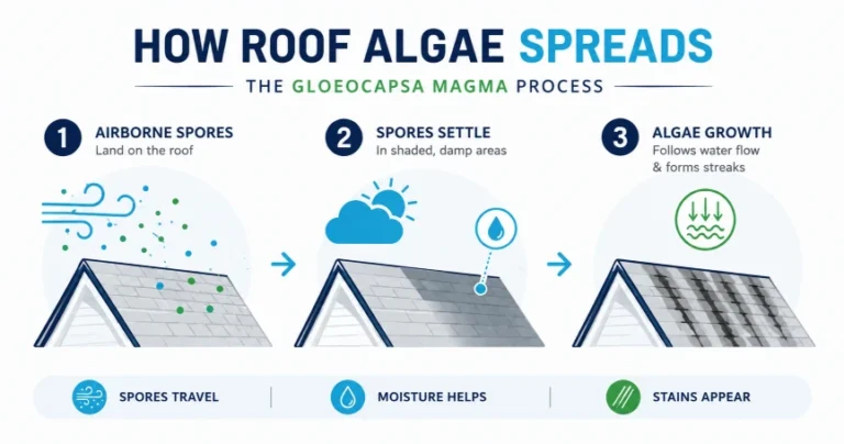 Infographic explaining what Gloeocapsa Magma algae is and how it spreads on roofs