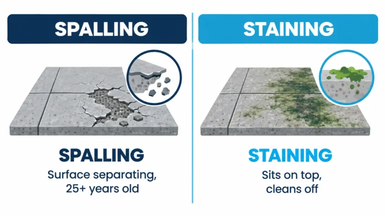 Infographic comparing concrete spalling versus surface staining on a driveway